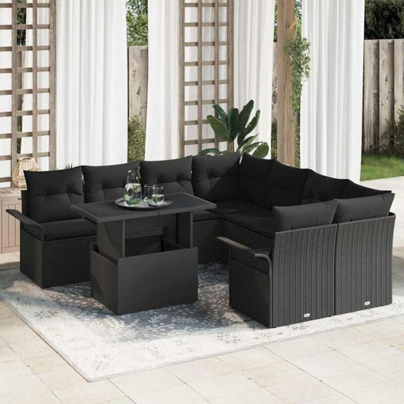 vidaxl Garten-Sofa-Set aus Poly-Rattan mit 9 Kissen in Schwarz - Bild 1