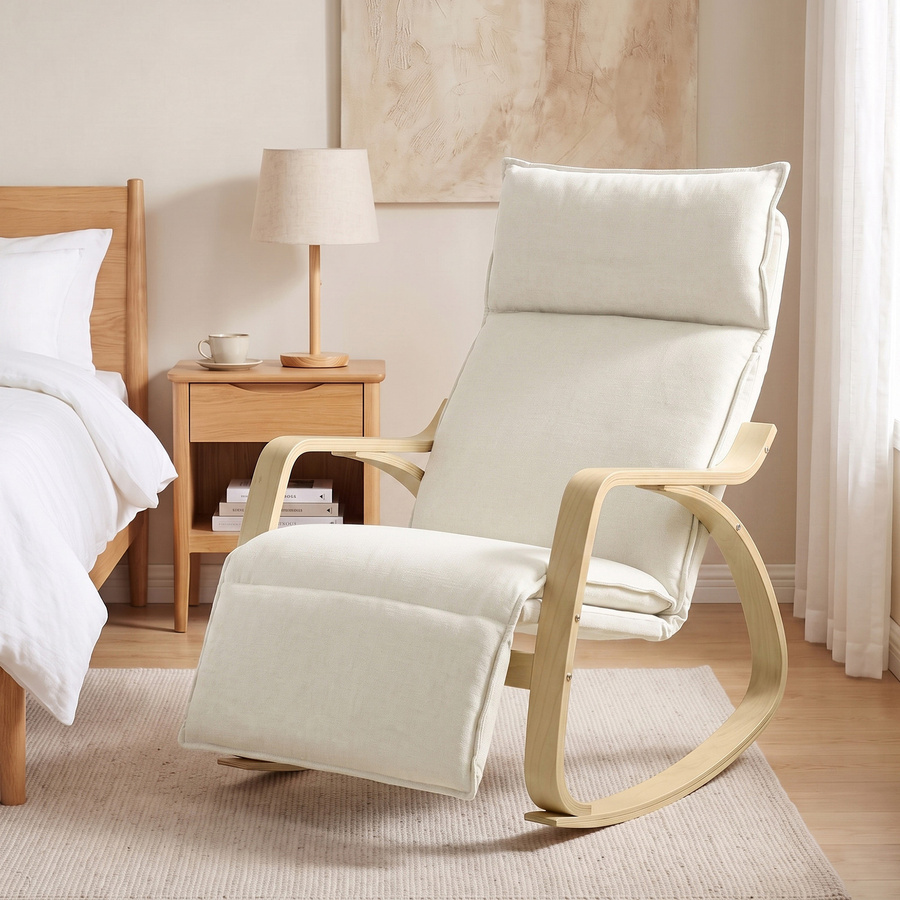 HOMCOM Schaukelstuhl Schaukelsessel mit 5-fach verstellbarer Fußstütze in Leinenoptik, Relax-Sessel mit Armlehnen für Wohnzimmer und Schlafzimmer, Cremeweiß/Beige - Bild 2