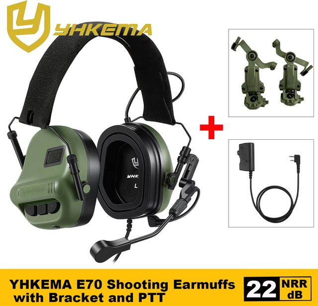 YHKEMA E70 Taktisches Schieß-Gehörschutz Headset mit Helm-ARC-Schienenadapter und Kenwood PTT-Adapter in Braun - Bild 1