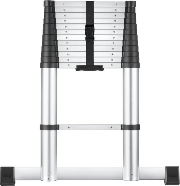 Tectake Teleskopleiter aus Aluminium in Silber mit rutschfesten Füßen, Belastbarkeit 150 kg, B/T/H: 86 x 10 x 385 cm - Bild 1