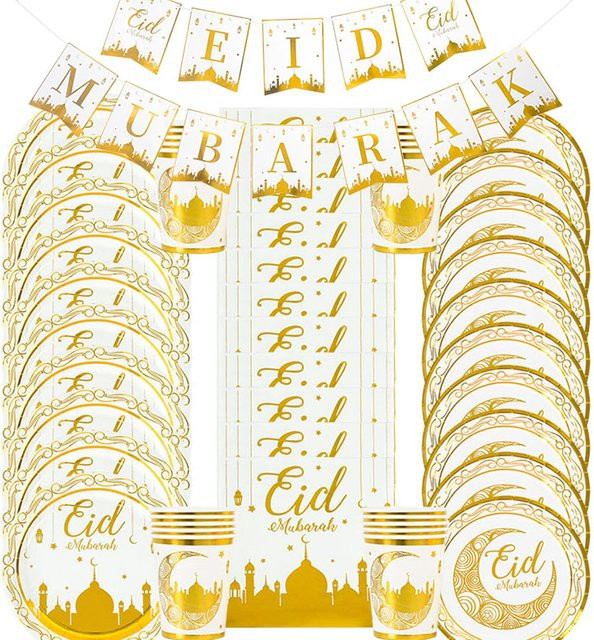 YONGSNOW Eid Mubarak Einweg Geschirr Set in Gold mit Papptellern, Tassen und Ramadan Dekoration für islamische Partys - Bild 1
