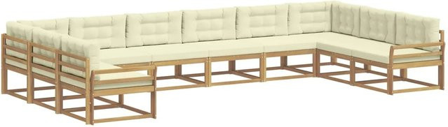 vidaXL Outdoor-Sofagarnitur in U-Form aus massivem Akazienholz mit Kissen, 10-teilig, Weiß und Beige - Bild 1