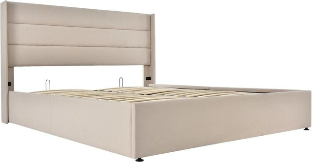 Merax Polsterbett mit Stauraum und Lift-up-Funktion in Beige, B/T/H: 160 x 200 x 114 cm - Bild 1