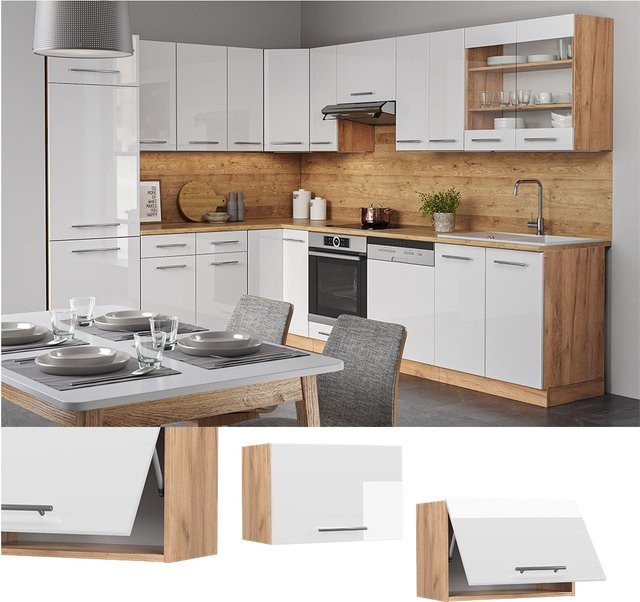 Vicco Hängeschrank Fame-Line Küchenschrank Hochglanz Weiß Eiche B: 60 cm, H: 40 cm, T: 34,1 cm - Bild 1
