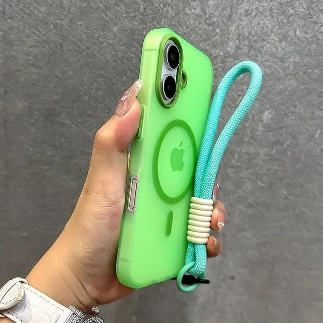 MagSafe Candy Kontrast Lanyard Hülle für iPhone 16 15 14 13 12 11 Pro Max Plus mit Handgelenkband in Grün, matte weiche Abdeckung - Bild 1