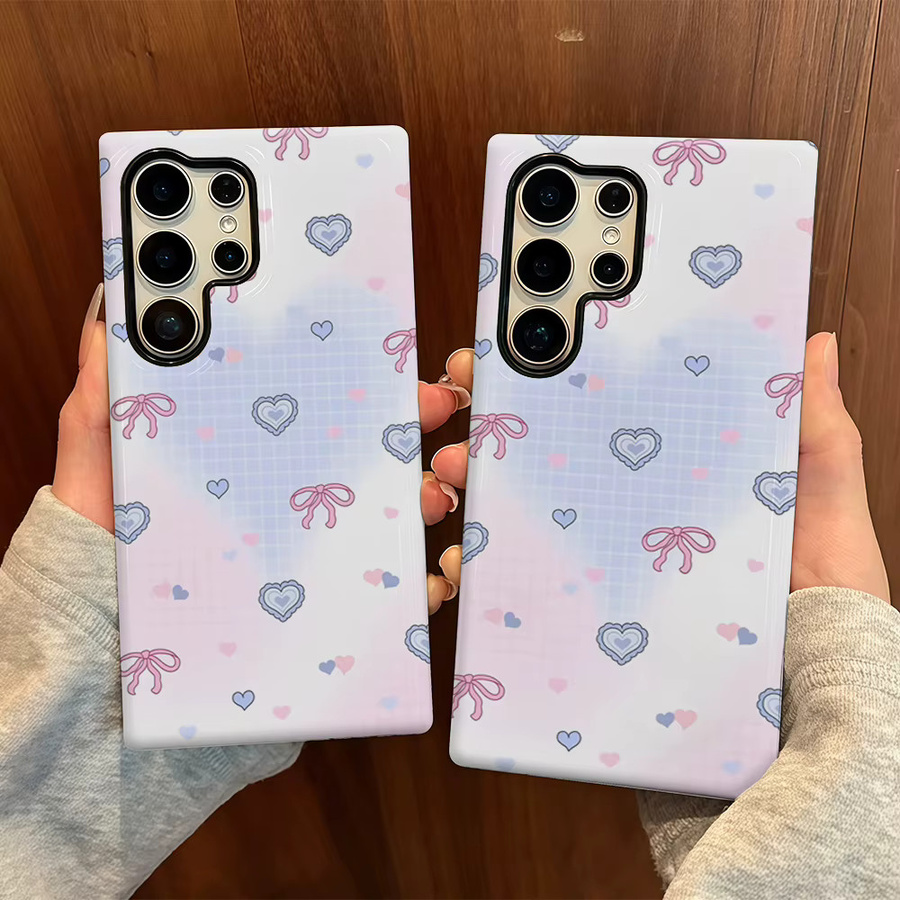 Glänzende doppelschichtige Rückabdeckung mit rosa-blauen Herzschleifen für Samsung Galaxy S25 Ultra, S24 und S23 Ultra Plus - Bild 5