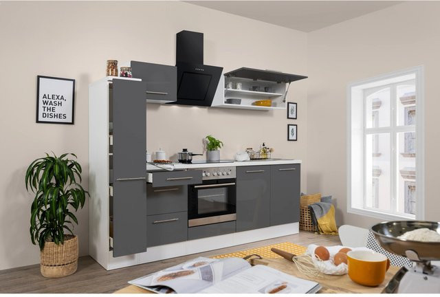 Respekta Premium Küchenzeile modern in Grau Hochglanz-Weiß mit Soft-Close-Türen und Schubladen, B: 240 cm, H: 200 cm, T: 60 cm - Bild 1