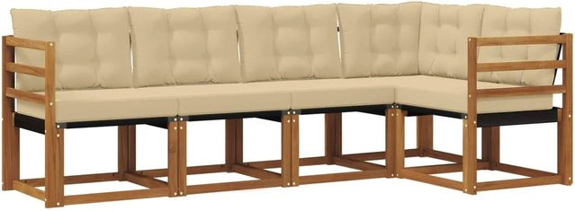 vidaXL Outdoor-Sofagarnitur 5-tlg. L-Form aus massivem Akazienholz mit Textilene und Kissen in Natur und Beige - Bild 1