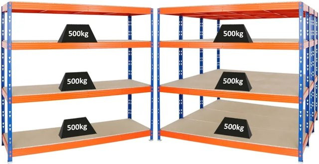 4er Set PROREGAL Rhino Profi Schwerlastregal mit 4 MDF-Spanplatten-Ebenen, Blau-Orange, H x B x T: 180 x 200 x 60 cm - Bild 1