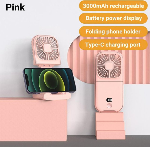JQIQLY Faltbarer Nacken-Hängeventilator und Handheld Mini-Ventilator mit USB-Anschluss in Rosa - Bild 1