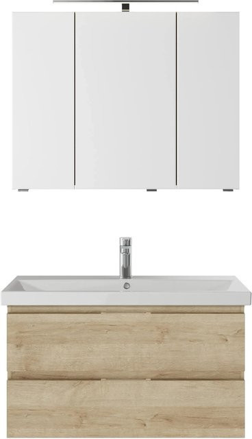 Pelipal Badmöbel-Set Serie 4035, 3-teilig, grifflos, Eiche, mit Waschtisch, Waschtischunterschrank und Spiegelschrank - Bild 1