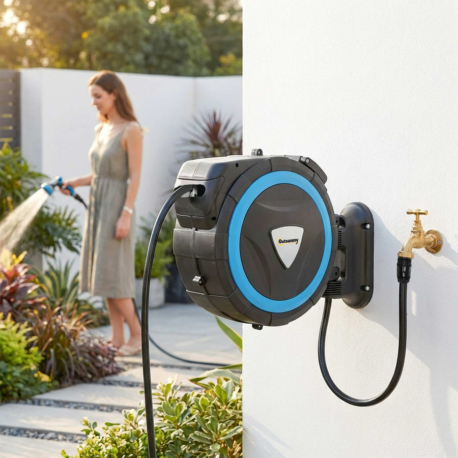 Outsunny Wand-Schlauchaufroller Blau mit 14+1,5 m Schlauch, 12 Sprühmodi und automatischem Einzug - Bild 2
