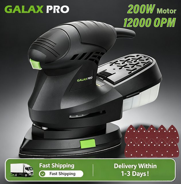 GALAX PRO Elektrischer Detail-Schleifer 200W mit 12000 OPM und Staubabsaugung in Grün-Schwarz inklusive 10 Stück Schleifpapier - Bild 1