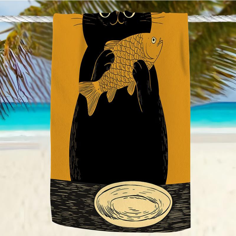 Strandtuch mit künstlerischem Design Schwarze Katze hält Fisch aus weicher Mikrofaser, B: 30 cm, H: 60 cm - Bild 2