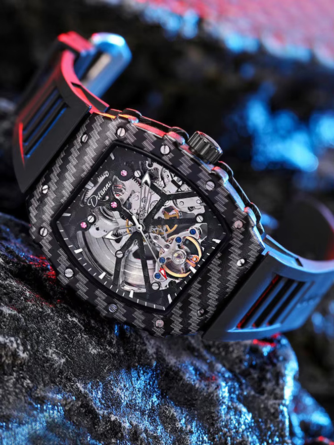 dulunwe Armbanduhr, Tourbillon, Skelett, Schwarz, Edelstahl, Herren - Bild 2
