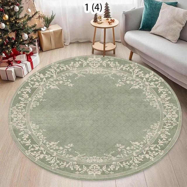 Rouxin eight Runder Teppich mit grünem Vintage-Blumenmuster aus Polyester, rutschfest und waschbar, Durchmesser: 80 cm - Bild 1
