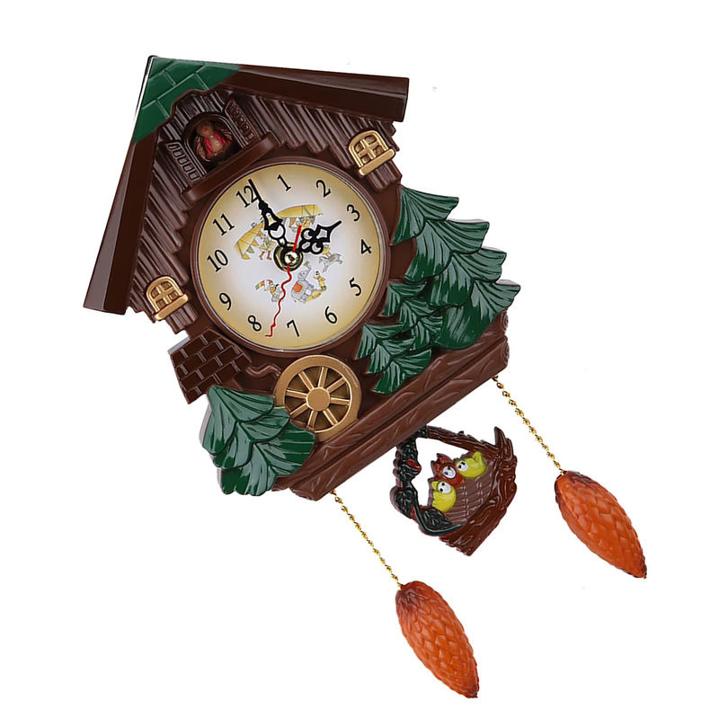 Qiilu Kuckucksuhr in Holzoptik als Vintage Wanduhr mit floralem Baum-Haus-Design in Braun - Bild 4