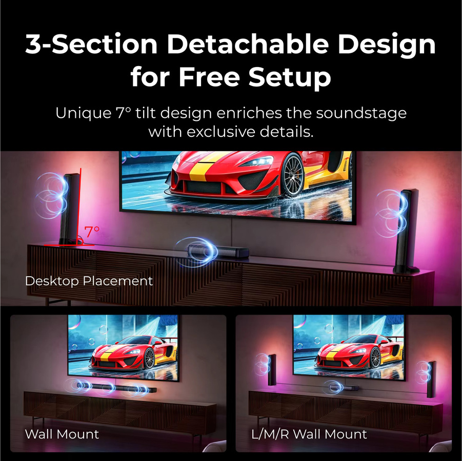 ULTIMEA Apollo S70 Ultra 7.1-Kanal Virtuelle Surround-Soundbar mit 2 Surround-Lautsprechern, RGB, 6,5-Zoll-Subwoofer und 410W in Schwarz - Bild 3