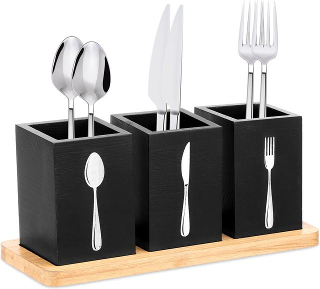 Willstar Besteck-Organizer aus Holz mit Tablett, schwarzer Utensilienhalter für Küche und Arbeitsplatte, Breite: 28,0 cm, Höhe: 12,0 cm - Bild 1