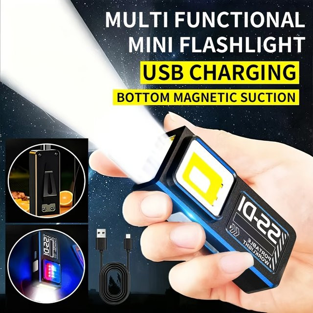 KDULIT Mini COB LED Taschenlampe in Schwarz, USB-C wiederaufladbare Arbeitsleuchte mit Clip und Magnet, wasserdicht für Camping und Wandern - Bild 1