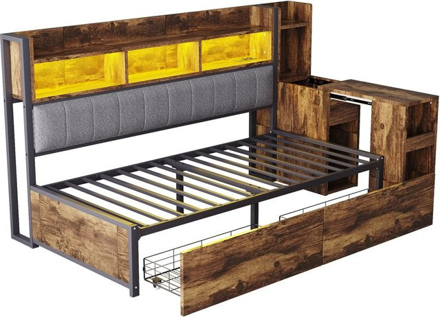 Merax Sofabett mit Schreibtisch und Stauraum in Weiß und Holzfarbe, B/T/H: 200 x 90 x 113 cm - Bild 1