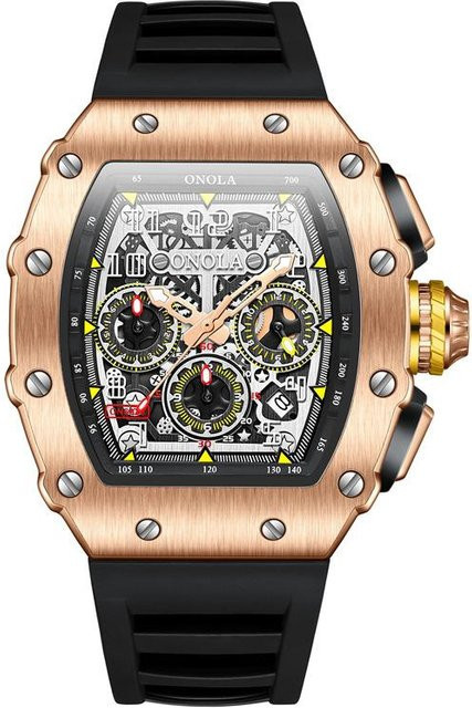 ONOLA Chronograph, Quarz, Silikonarmband, Schwarz, Roségold, Herren - Bild 1