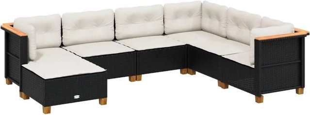 vidaXL 7-tlg Garten-Sofagarnitur in L-Form aus Polyrattan und Akazienholz mit Kissen, Schwarz - Bild 1