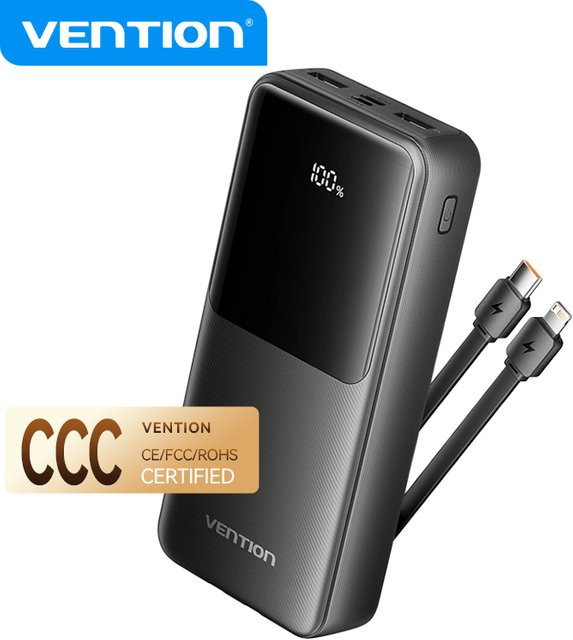 Vention CCC Powerbank 20000mAh mit 22,5W Schnellladefunktion und integrierten USB-C und Lightning Kabeln - Bild 1