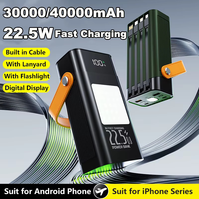 Power Bank mit 40000 mAh und integriertem Kabel, 22,5 W Schnellladung, Tragbares Ladegerät in Grün - Bild 2