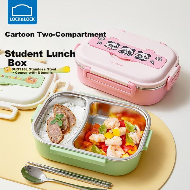 Lock&Lock Edelstahl Kinder Lunchbox mit zwei Fächern, isolierte Bento-Box in Multicolour, auslaufsicher und mit Besteck - Bild 1