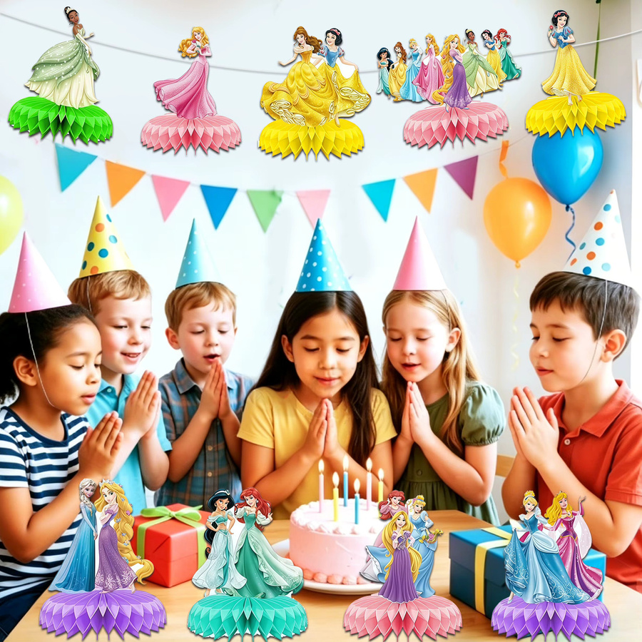 Disney Prinzessinnen Tischdekoration für deine Geburtstagsparty, 9-teiliges Waben-Set aus Papier in Pink und Multicolour - Bild 2