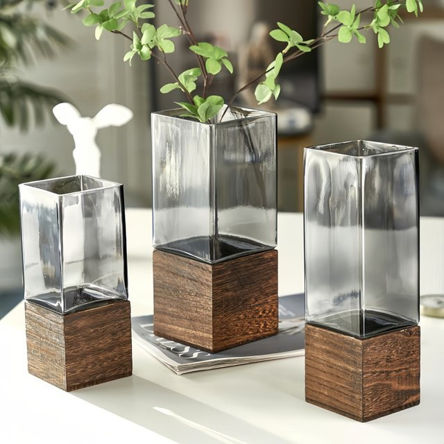 Quadratische Acryl-Blumenvase im nordischen Stil mit Holzsockel, Schwarz und Transparent - Bild 1
