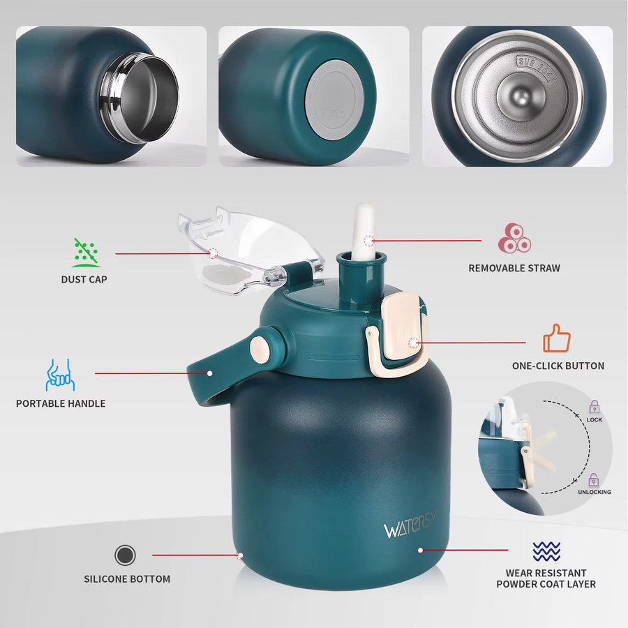 WATERSY Edelstahl-Wasserflasche in Blau, 800 ml, doppelwandiger vakuumisolierter Thermobecher mit Strohhalm und Griff - Bild 4