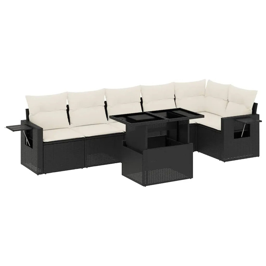 vidaXL 7-teilige Garten-Sofagarnitur in L-Form aus Poly-Rattan mit Kissen in Schwarz-Creme - Bild 2