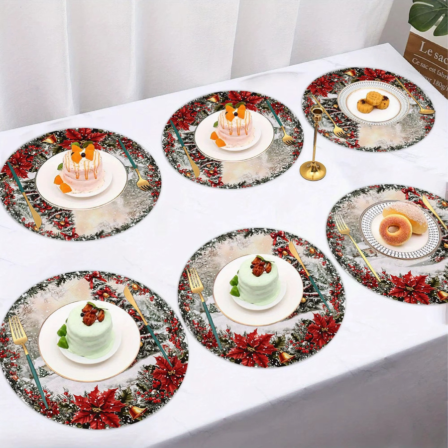 VIKAMA 6-teiliges Set runde Tischsets mit weihnachtlicher Schneeszene in Mehrfarbig - Bild 3