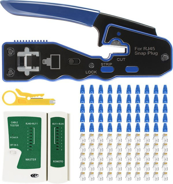 Cat6 Pass-Through RJ45 Crimpwerkzeug-Set in Blau mit Crimpzange, 50 Stecker, Zugentlastungsstiefeln, RJ45/RJ11 Tester und Abisolierzange - Bild 1