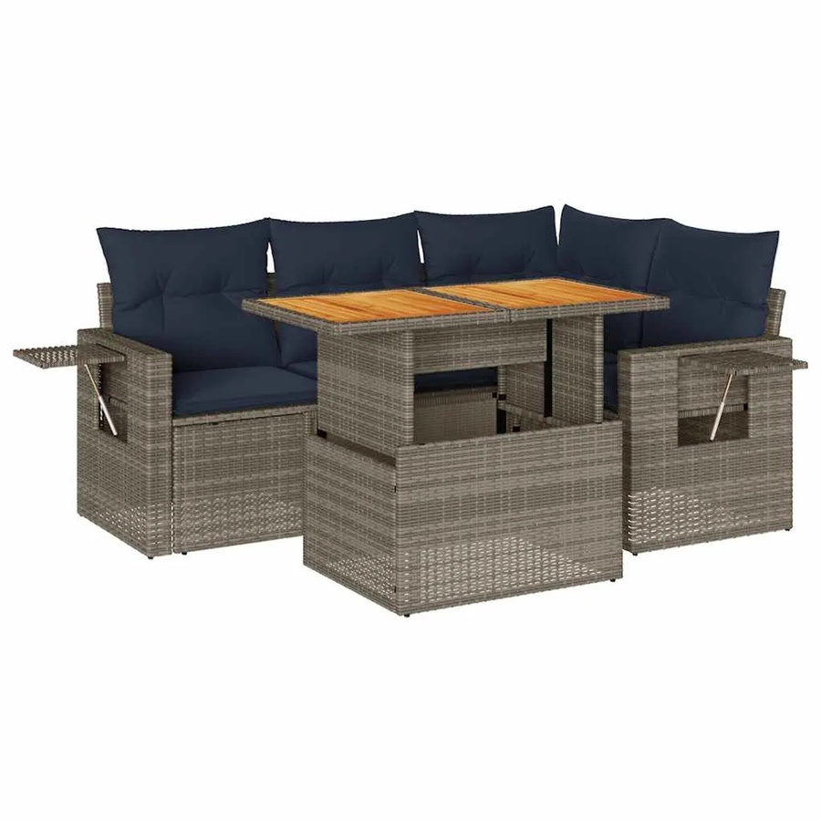 vidaXL 5-teilige Garten-Sofagarnitur in L-Form aus grauem Poly-Rattan mit Kissen und Akazienholz - Bild 2