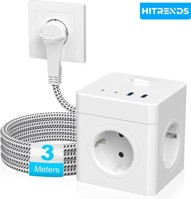 HITRENDS 8-in-1 Würfel-Steckdosenleiste in Weiß mit 3 Meter Verlängerungskabel, 4 AC-Steckplätze, 2 USB- und 2 USB-C Anschlüsse, 4000W - Bild 1