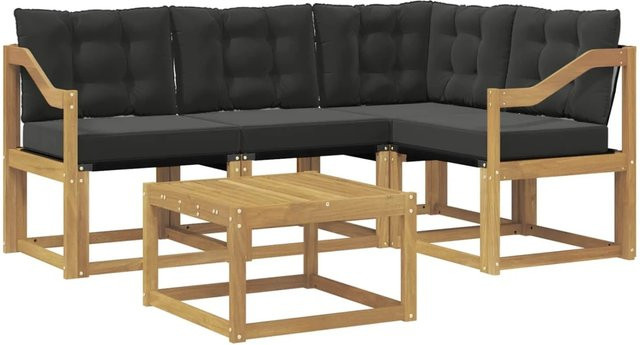 vidaXL Outdoor-Sofagarnitur in L-Form aus Akazienholz mit Kissen und Couchtisch, 5-teiliges Set, Weiß und Schwarz - Bild 1