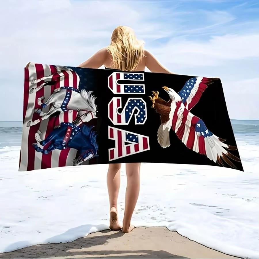 Strandtuch mit Patriotischem Adler und Pferd Design, USA Unabhängigkeit Motiv, Polyester, schnelltrocknend und saugfähig, Farbe: Weiß/Mehrfarbig, Breite: 40 cm, Höhe: 60 cm - Bild 3