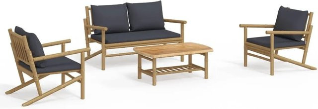 vidaXL 4-tlg Garten-Lounge-Set aus Bambus mit grauen Polsterkissen und Couchtisch - Bild 1