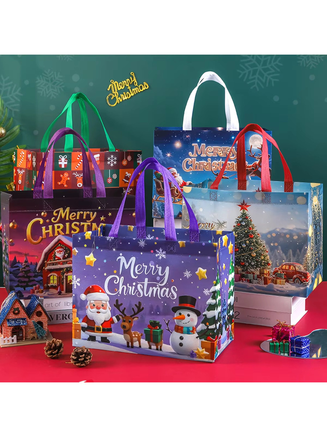 16 wiederverwendbare Weihnachtsgeschenktüten aus Papier mit Griffen in Multicolour, Designs mit Weihnachtsmann, Schneemann und Weihnachtsbaum für deine Weihnachtsfeiern - Bild 5