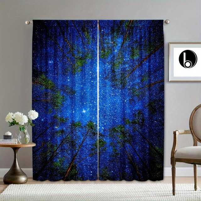 Yiran Furniture Wald Sternenhimmel Fenstervorhänge aus Polyester, 2er-Set halbverdunkelnde Dekovorhänge, Breite: 100 cm, Höhe: 230 cm - Bild 1