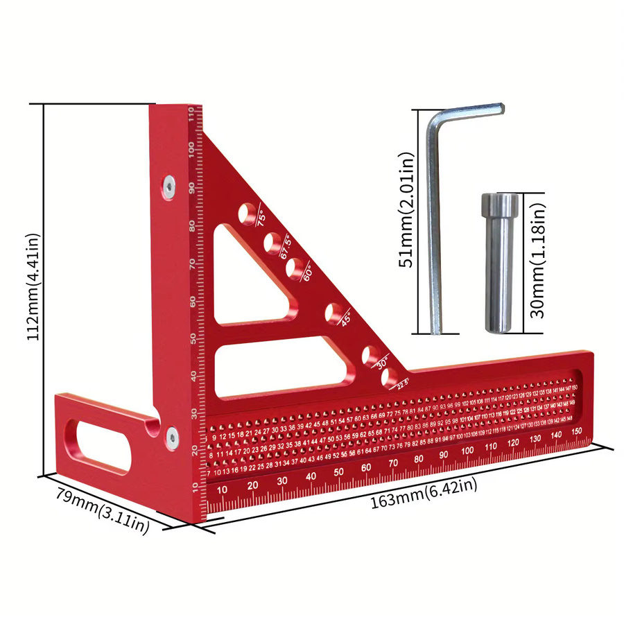 GDART 3D-Quadrat-Winkelmesser Set in Rot mit metrischem Mehrwinkel-Zeichendreieck und Winkelpositionierungs-Dübelstift - Bild 4