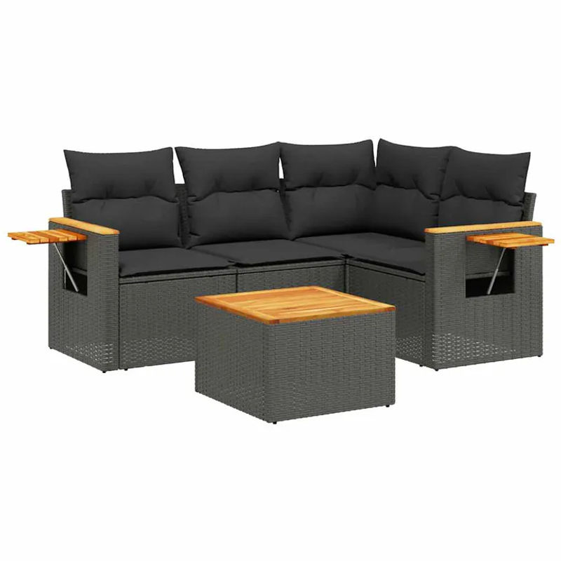 vidaXL 5-teilige Garten-Sofagarnitur aus Poly-Rattan und Akazienholz in Schwarz mit Kissen - Bild 2