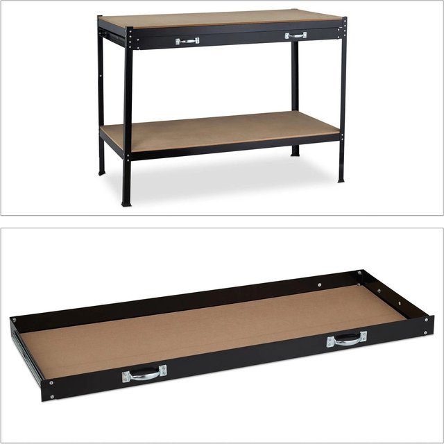 Relaxdays Werkbank mit Schublade aus Stahl und MDF, Schwarz-Braun, B: 121 cm, T: 63,5 cm, H: 90,5 cm - Bild 1