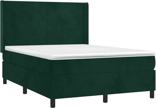 vidaXL Boxspringbett mit Matratze in Dunkelgrün, Hybridbett mit LED-Unterbettbeleuchtung und USB-Ladeanschluss, Samt, B/T: 140 x 190 cm - Bild 1