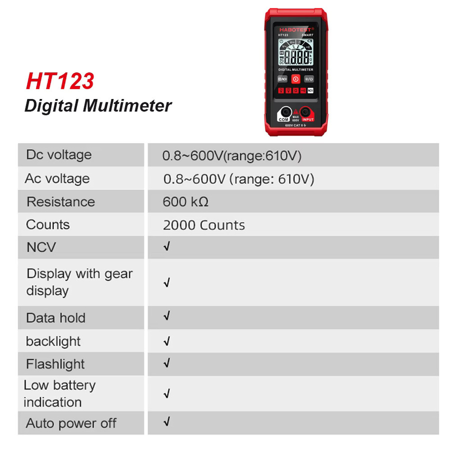 TELEHILL Digitalmultimeter in Rot: Intelligentes Mini-Voltmeter und Amperemeter mit automatischer Bereichswahl und Hintergrundbeleuchtung für AC-DC-Spannungsmessungen - Bild 2