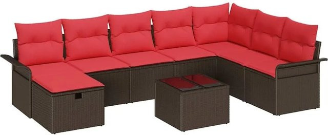 vidaXL Gartensofa-Set aus Poly-Rattan in L-Form mit 9 Kissen in Braun und Rot - Bild 1