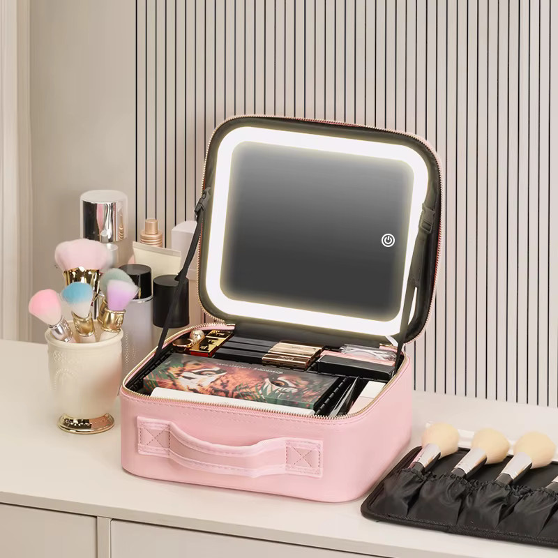 Make-up-Reise-Etui mit LED-beleuchtetem Spiegel und 3-farbigen Einstellungen in Schwarz mit verstellbaren Trennwänden - Bild 2